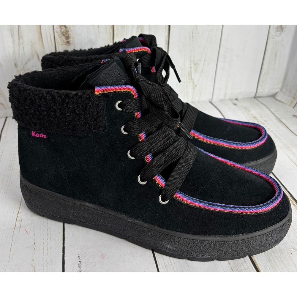 Keds Explore Boot Black Suede Water Resistant Rainbow Trim WH68053 Womens 7